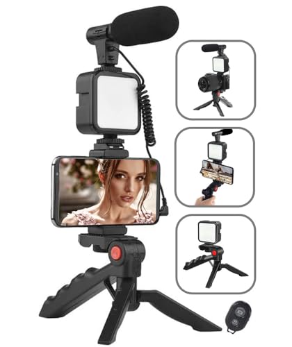 QPLOVE Smartphone Video Kit, Mobilphone Video Vlog Kit mit Mikrofon, LED-Licht, Telefonständer, Stativ, kompatibel mit iPhone, Android, für Tiktok, YouTube, Aufnahme, Vlogging, Live Streaming von QPLOVE