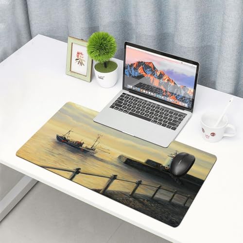 QRFASFZO Großes Gaming-Mauspad mit genähten Kanten,rutschfeste Gummibasis,EIN Ölgemälde auf Leinwand Einer Sonnenaufgangslandschaft mit einem Fischerboot, da,Für Büro Zuhause und Spielzimmer 90x40 cm von QRFASFZO