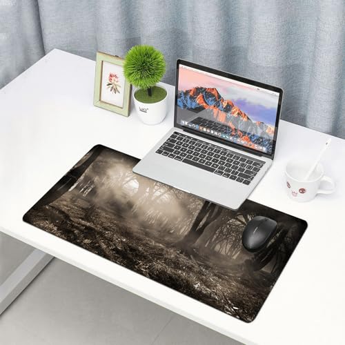 QRFASFZO Großes Gaming-Mauspad mit genähten Kanten,rutschfeste Gummibasis,Gothic, Foto der dunklen Waldlandschaft mit Sonnenstrahlen und Nebel Vintage nostal,Für Büro Zuhause und Spielzimmer 75x40 cm von QRFASFZO