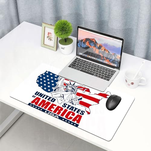 QRFASFZO Großes Gaming-Mauspad mit genähten Kanten,rutschfeste Gummibasis,Karte der USA, Vereinigte Staaten von Amerika Typografie Freiheitsstatue Symbol Ill,Für Büro Zuhause und Spielzimmer 75x40 cm von QRFASFZO