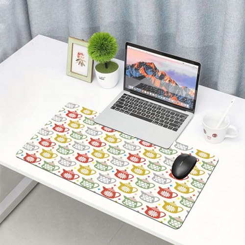 QRFASFZO Großes Gaming-Mauspad mit genähten Kanten,rutschfeste Gummibasis,Teeparty, mehrfarbige Teekannen im Cartoon-Stil mit Blumenmotiven, gemustertes Desi,Für Büro Zuhause und Spielzimmer 75x40 cm von QRFASFZO