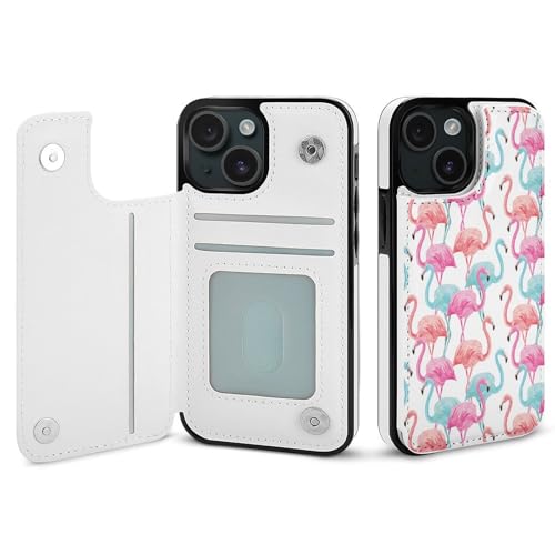 QTAVETEND Flamingos TPU Leder Handyhülle Kompatibel mit iPhone 15 Flip Clamshell Case Phone Schutzhülle Lederhülle Stoßfest Weich TPU Anti-Rutsch Phone Cover von QTAVETEND