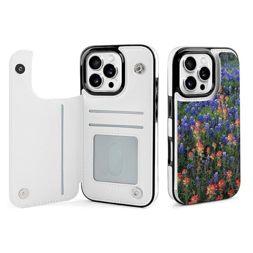 QTAVETEND Kompatibel mit iPhone 16 Pro TPU Leder Phone Flip Clamshell Hülle mit Kartenfach Texas Bluebonnets Handyhülle Stoßfest Handyhülle von QTAVETEND