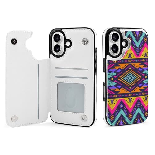 QTAVETEND Kompatibel mit iPhone 16 TPU Leder Handyhülle Flip Clamshell mit Kartenfach Neon Art Tribal Navajo-Muster Handyhülle Stoßfest Handyhülle von QTAVETEND