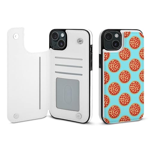 QTAVETEND Pizza Pepperoni Muster TPU Leder Handyhülle Kompatibel mit iPhone 15 Plus Flip Clamshell Case Phone Schutzhülle Lederhülle Stoßfest Weich TPU Anti-Rutsch Phone Cover von QTAVETEND