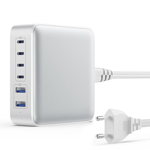 200W USB C Ladegerät Mehrfach, 6-Port GaN III Tech USB C Netzteil PD+QC Schnellladegerät mit 4 USB-C und 2 USB-A, 65W Laptop-Ladegerät Schnelles Laden Adapter für MacBook/iPad/iPhone 16/15/Samsung usw von QTshine