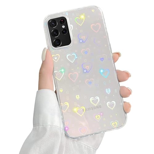 QUESPLE Kompatibel mit Samsung Galaxy S21 Ultra Hülle Transparent Glitzer Herz Muster für Frauen Mädchen Mode Weiche Langlebige Schlanke TPU Handyhülle, Hart PC Rückseite Kratzfest von QUESPLE