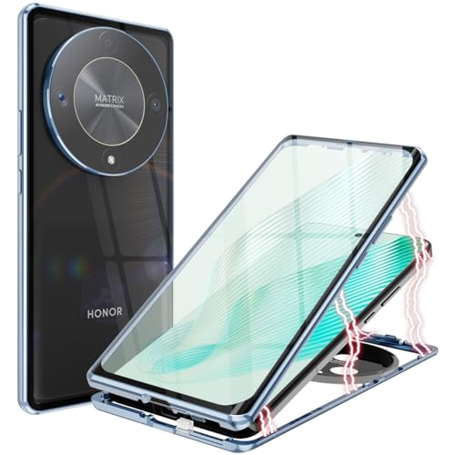 QUIETIP Schutzhülle kompatibel mit Honor Magic 6 Lite & Honor X9b 5G, magnetisches Gehäuse, Metallrahmen, doppelseitig, transparent, gehärtetes Glas, stoßfeste Abdeckung, Blau von QUIETIP