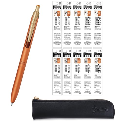 Zebra Sarasa Grand Gel-Kugelschreiber, 0,3 mm, Braungrau + 10 Ersatzminen, hochwertiges schwarzes schlankes Stiftetui von QULLITY