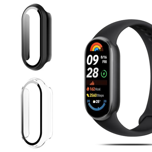 QULLOO 2 Stück Schutzhülle für Xiaomi mi Smart Band 9 Displayschutz,Voller Schutz Hülle,PC Hard Schutzfolie Case Cover für Xiaomi Band 9 mit Displayschutzfolie - Schwarz + Transparent von QULLOO