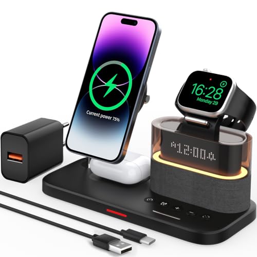 QUVFHE 5 in 1 kabelloses Ladegerät mit Wecker für Apple, Magnetischer kabelloser Ladeständer für iPhone 16/15/14/13/12, Apple Watch Series 10/9/Ultra 2/8/7/SE/SE2/6/5, Air-Pods 4/3/Pro 2/Pro/2 von QUVFHE