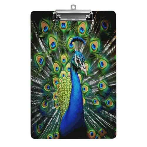 Acryl-Klemmbrett mit blauem Pfau, bedruckt, Standard-A-Klemmbrett, 4 Buchstaben, niedriges Profil, dekorative Klemmbretter, 32,5 x 21,6 cm von QWNMD