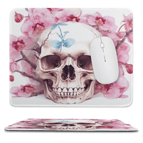 Computer-Mauspad, Motiv: menschlicher Totenkopf, rosa Blumen, bedruckt, genähte Kanten, Mauspad mit rutschfester Gummiunterseite, für Computer, Laptop, PC, Büro, Zuhause, 30 x 24 cm von QWNMD