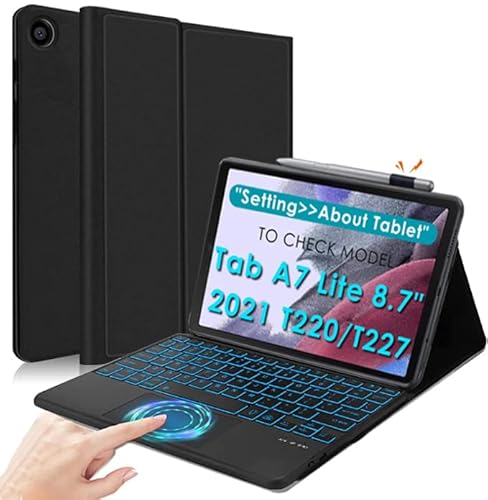 Tastaturhülle für Galaxy Tab A7 Lite 8,7 Zoll SM-T225/T220, Multi-Touch-Touch-Touchpad, schmale PU-Ledertasche mit S-Stifthalter, beleuchtete drahtlose magnetische QWERTY-Tastatur für Tab A7 Lite 8.7 von QYiiD