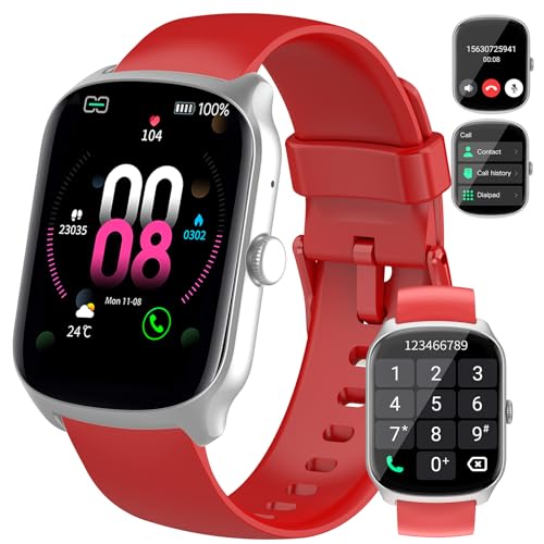 Qecnato Smartwatch für Damen und Herren, 1,95-Zoll-Fitnessuhr mit Anrufe tätigen/annehmen, 110+ Sport-Smartwatch, Schrittzähler/Stoppuhr/Herzfrequenzmesser (red) von Qecnato