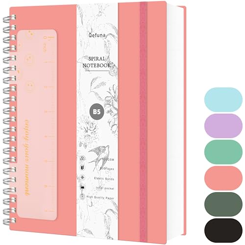 Qefuna Notizbuch B5 Liniert, 300Seiten Spiralnotizbuch, 100g/M² Tintenfestes Papier, PVC-Hardcover，mit Lineal, Erweiterbare Taschen, Elastische Bänd, für Frauen, Männer,17.7x 25 cm-Rosa von Qefuna