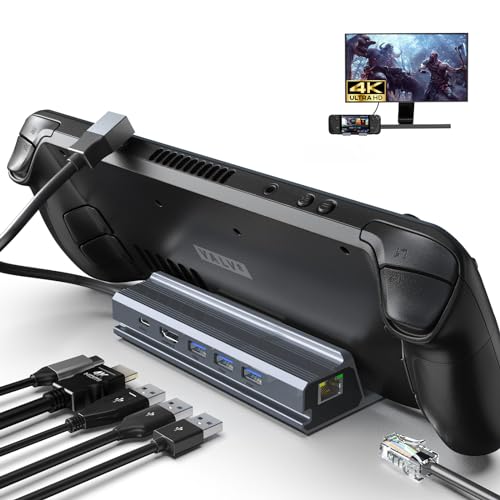 6 in 1 Steam Deck Dock, HDMI 2.0, 4K@60Hz, Gigabit Ethernet, 3 USB A 3.0 und Lade USB C Anschluss, kompatibel mit TV, Switch, Tablet von Qhou