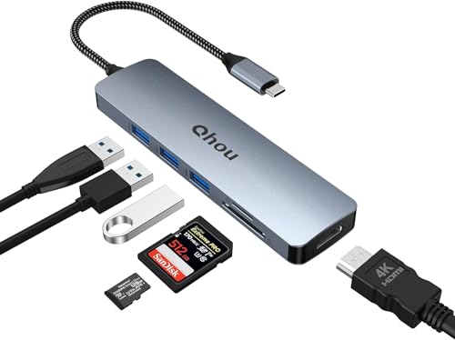 Aluminium USB 3.0 HUB Multiport USB C Adapter, 6 in 1 USB C Hub mit 4K HDMI Ausgang, Ultra Slim Data Hub, schneller Datentransfer von Qhou