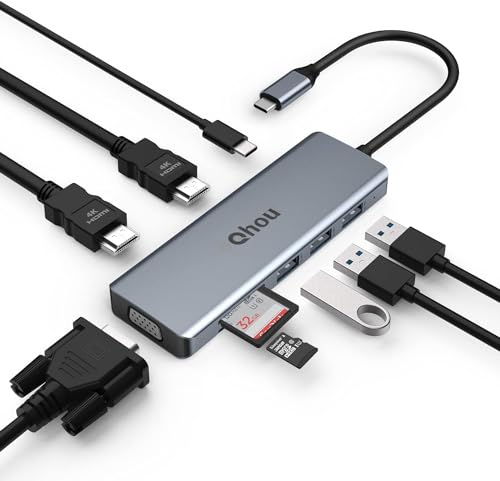 Dock Hub USB C Adapter USB C 9 in 1 mit dreifacher Anzeige, inklusive 2 x 4 K HDMI, Vga, 100 Pd, 3 USB 3.0, SD/TF-Kartenleser für Laptop, Computer Typ C von Qhou