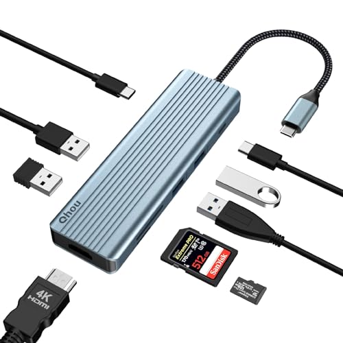 QHOU USB C HUB, Dual Monitor, 9 in 1 USB C Adapter mit 4K HDMI, 100 W PD, USB 2.0, USB C 3.0, 3 USB 3.0, SD/TF kompatibel mit Mac Pro/Air, Dell, HP, Lenovo Pro, Surface Pro von Qhou