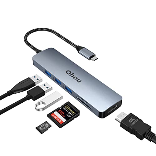 Qhou Multiport Adapter USB C, 6 in 1 USB C Hub, 4K HDMI Adapter, 3 USB 3.0, SD/TF Kartenleser, USB C Hub LAN Kompatibel mit MacBook Air, Dell XPS 15/13 von Qhou