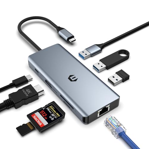 USB 3.0 HUB, 8 in 1 USB C Adapter Docking, USB C HUB mit 4K HDMI, 100W PD, Gigabit Ethernet, 2 USB 3.0, USB 2.0, SD/TF Kartenleser, Kompatibel mit Windows, Laptop von Qhou