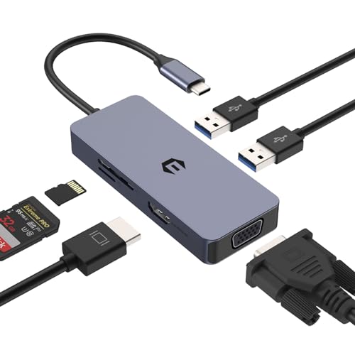 USB 3.0 HUB, USB C Adapter Docking, USB C Adapter HUB, tragbarer USB 3.0 HUB, 6 in 1 USB C Adapter mit VGA, HDMI, Dual USB 3.0, SD/TF Kartenleser für Laptop, Windows Systeme von Qhou