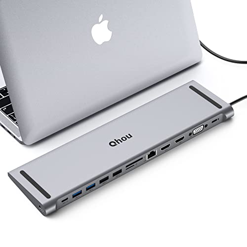 USB C Docking Station, USB-C Hub 13 in 1 Qhou Triple Display Laptop Docking Station with 2 HDMI, 1 VGA, USB C Port, 4 USB A Ports, 100W PD Port, Gigabit Ethernet, 3.5mm Jack, SD/TF for Type C Laptop von Qhou