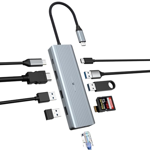USB C Dockingstation 10 in 1 USB C HUB mit HDMI 4K, Dual Monitor Fähigkeit, USB C 3.0, 4 USB Anschlüsse, 100W PD, SD/TF, Ethernet Kompatibel mit Mac, Windows von Qhou