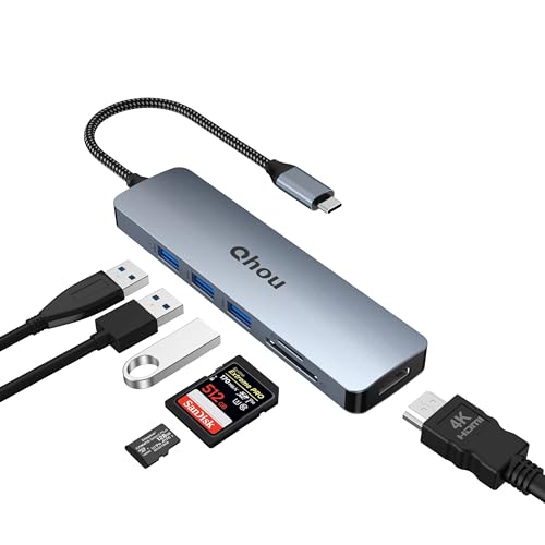 USB C Hub Adapter, QHOU 6 in 1 USB C Adapter mit 4K HDMI, 3 USB 3.0, SD/TF-Kartenleser Kompatibel mit Mac Pro/Air/Surface Pro 8 und Anderen Typ C Geräten von Qhou