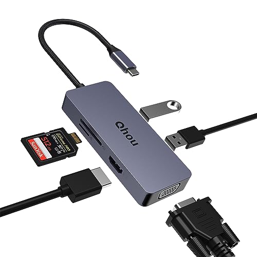 USB C Hub Dual Display, Qhou 6-in-1 USB C Adapter Multiport USB C to HDMI VGA Adapter mit 4k @ 30hz HDMI, VGA, 2 USB A, SD/TF Reader USB C Docking Station für MacBook/Lenovo und Andere C Geräte von Qhou
