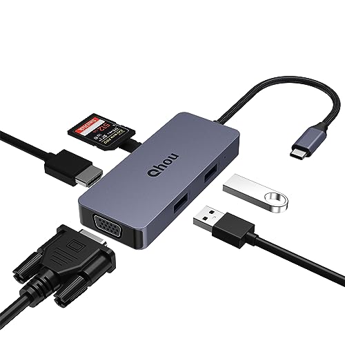 USB C Hub von Qhou mit 4K HDMI und VGA Dual Monitor Unterstützung, USB 2.0, SD/TF Kartenleser, USB C Dock für MacBook Pro/Air, Dell/HP/Lenovo von Qhou