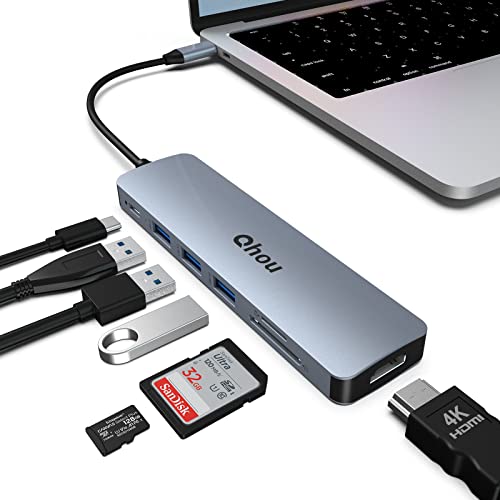 USB Hub C USB C Adapter, 7 in 1 Docking Station USB C Adapter kompatibel mit MacBook, Surface Pro/Go, Dell (4K HDMI, 3 USB 3.0, 100W PD, SD/TF) von Qhou