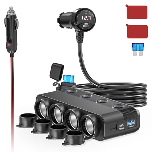 4-Steckdose Auto 12 Volt Verteiler 300W: Doppel PD30W KFZ Zigarettenanzünder Adapter DC 12v USB C Ladegerät Mehrfach Stecker Splitter mit Schalter LED Volteter für iPhone Sitzheizung GPS Kamera Navi von Qidoe