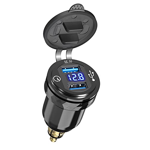 Qidoe DIN Hella Stecker auf USB Adapter, Dual QC 3.0 Motorrad mit Voltmeteranzeige, Aluminium USB Ladegerät für 12V-24V Ducati, Triumph, BMW im europäischen Stil von Qidoe