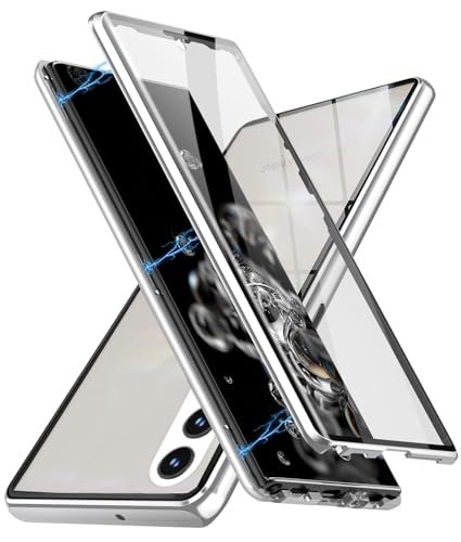 QiiStar 360 Grad Hülle für Samsung Galaxy A55 5G,Handyhülle mit eingebautem Displayschutz Full Cover Case Starke Magnete Metallrahmen Transparent gehärtetes Glas Schutzhülle - Titan Silber von QiiStar