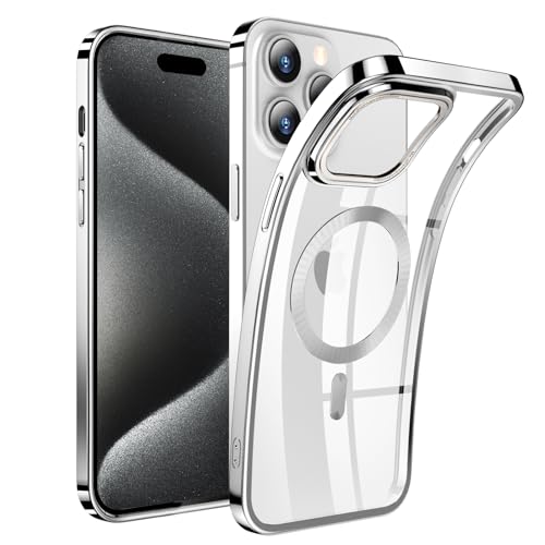QiiStar Clear Magnetisch für iPhone 15 Pro Max Hülle für MagSafe [N52 Starke Magnete] Kabellosem Laden,Stoßfest Transparent Handyhülle Weiche TPU Silikon Schutzhülle Case - Klar Silber von QiiStar