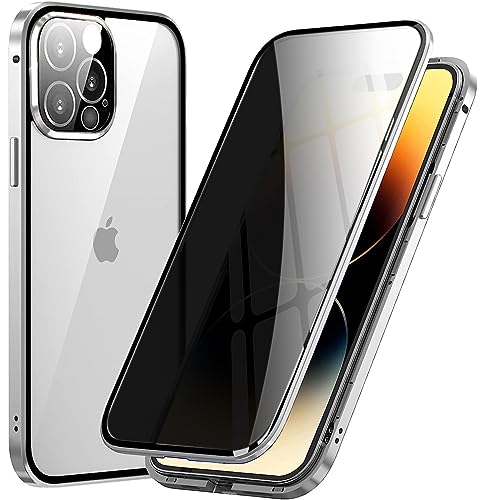 QiiStar Hülle für iPhone 14 Pro Max Privacy Case,360 Grad Ganzkörper Schutzhülle mit Eingebauter Sichtschutz Displayschutz Magnetische Metallrahmen Gehärtetes Glas Full Cover Handyhülle,Silber von QiiStar