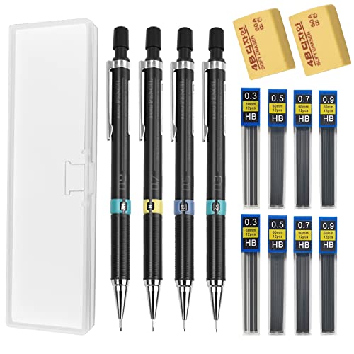 15 Stück Druckbleistift Set, 0,3/0,5/0,7/0.9 Mechanical Pencil Minenbleistifte Kinder Fallminenstift Metall Automatische Bleistifte Mit 8 Bleistiftminen HB 2 Radiergummi Federmäppchen Büro Zubehör von QincLing