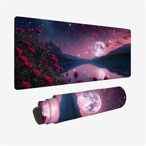 Mauspad XXL 1200x600x3mm,Mousepad Rose Schreibtischunterlage,Mond Mauspad Gaming mit Genähten Kanten,Wasserdicht Mouse Pad,rutschfeste Gummibasis Desk Mat,Gaming Accessories for Desk,Geschenk Q1-193 von Qinqhuag