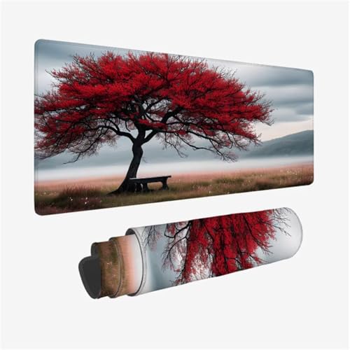 Mauspad XXL 900x400x3mm,Mousepad Wiese Schreibtischunterlage,Baum Mauspad Gaming mit Genähten Kanten,Wasserdicht Mouse Pad,rutschfeste Gummibasis Desk Mat,Gaming Accessories for Desk,Geschenk Q1-805 von Qinqhuag