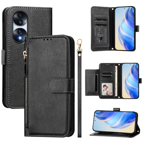 QiongniAN kompatibel mit Honor 70 Pro Hülle Leder,kompatibel mit Honor 70 Pro 5G SDY-AN00 Flip PU Leder Zip Brieftasche Handytasche Black von QiongniAN