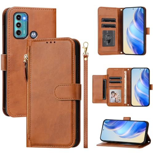 QiongniAN kompatibel mit Motorola Moto G60 Hülle Leder,kompatibel mit Motorola Moto G40 Fusion XT2147-1 / Moto G60 XT2135-1 XT2135-2 Flip PU Leder Zip Brieftasche Handytasche Brown von QiongniAN