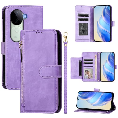 QiongniAN kompatibel mit Vivo V40e 5G (India) Hülle Leder,kompatibel mit Vivo iQOO Z9s 5G I2403 / V40e 5G (India) Flip PU Leder Zip Brieftasche Handytasche Purple von QiongniAN