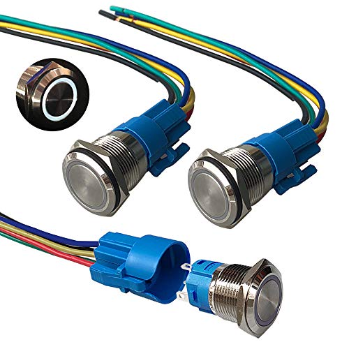 QitinDasen 3Pcs Premium 12V / 24V 5A Momentan Druckschalter, 19mm Auto Zündungs Startschalter, Weißes LED Licht Edelstahl IP67 Wasserdichter Schalter mit Steckdosendraht von QitinDasen