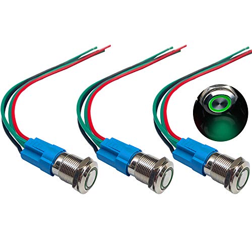 QitinDasen 3Pcs Premium 12mm Momentan Druckschalter, 12V/24V 3A Auto Zündungs Startschalter, Grün LED Licht IP66 Wasserdichter Metall Drucktaster Schalter, mit Steckdosendraht und Gummi Ring von QitinDasen