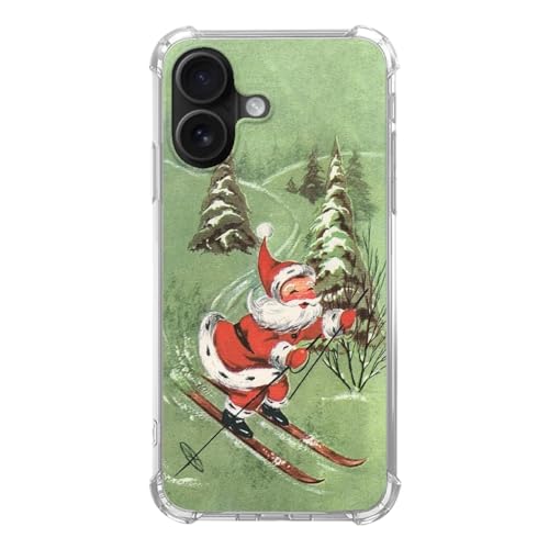 Qivtpjkrin Retro The Skiing Christmas Santa Claus Hülle für iPhone 16, Weihnachtsmann mit Weihnachtsbaum Winter Cover für Mädchen Jungen Frauen Männer für iPhone 16, Einzigartige Trendige TPU Bumper von Qivtpjkrin