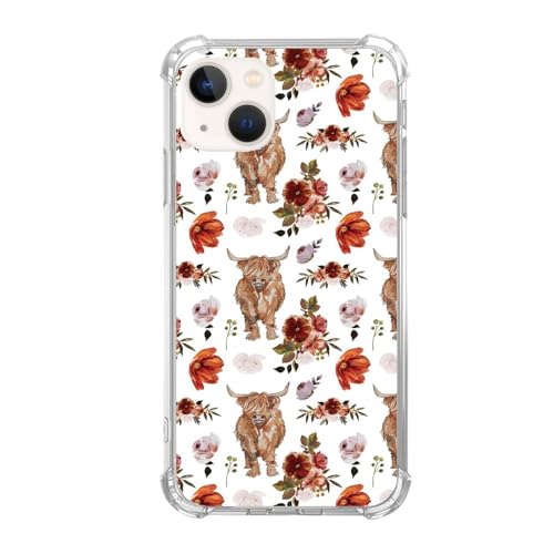 Qivtpjkrin Schutzhülle für iPhone 15 Plus, Motiv: Highland Cow Floral mit niedlichem Hochlandkuh-Muster, Schutzhülle für Mädchen, Jungen, Damen, Herren, für iPhone 15 Plus, einzigartige, trendige von Qivtpjkrin