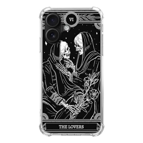 Qivtpjkrin The Lovers Tarotkarte Schädel Schwarz Hülle Kompatibel mit iPhone 16, Trippy Psychedelic Aesthetic Tarot Card Cool Skeleton Hülle für iPhone 16, Einzigartiges Trendiges Design TPU Bumper von Qivtpjkrin