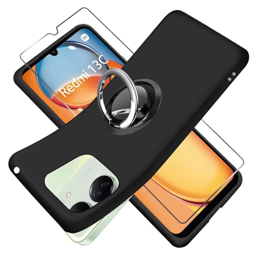 Qlfemna Hülle für Xiaomi Redmi 13C 4G/Poco C65 handyhülle + 360°Drehbarer Ständer + Panzerglas Displayschutzfolie schutzfolien, Silikon weiches stoßfest Schutzhülle TPU ultradünn Schwarz Cover case von Qlfemna